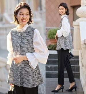 GeeRA（ジーラ）の「【２点セット】ニットツイードジレベストセットアップスーツ（パンツスーツ）」｜ブラック系