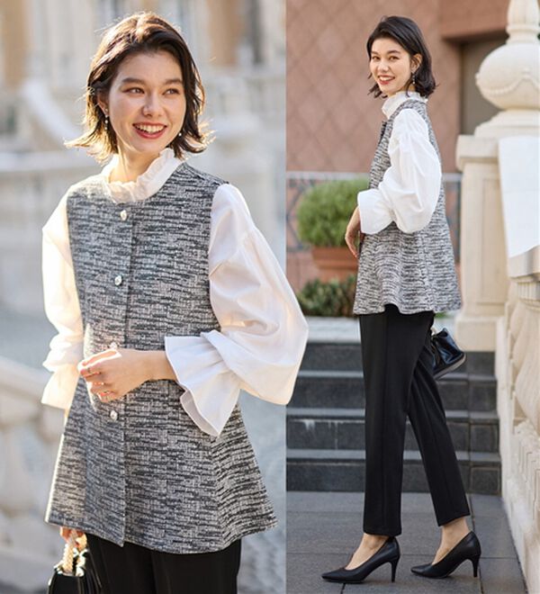 GeeRA（ジーラ）の「【２点セット】ニットツイードジレベストセットアップスーツ（パンツスーツ）」｜ブラック系