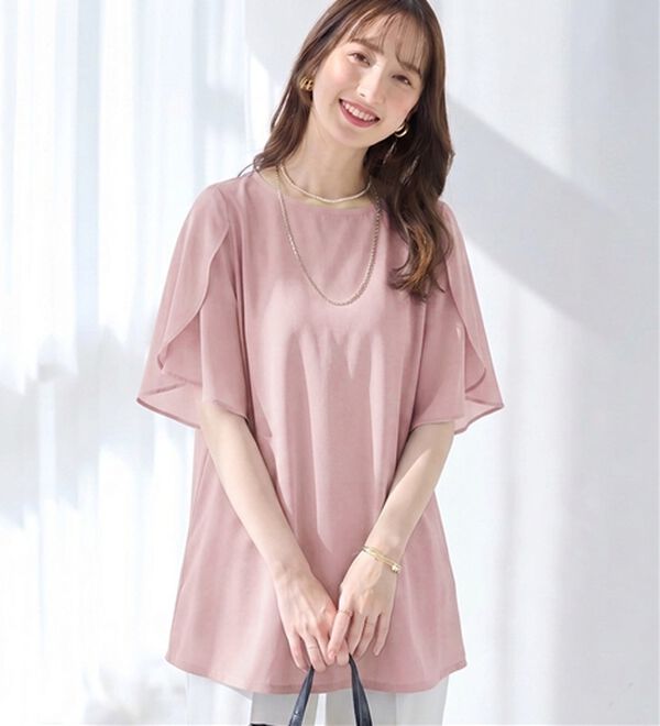 alotta（アロッタ）の「【接触冷感】袖シフォン異素材切替チュニックＴシャツ（チュニック）」｜ピンク