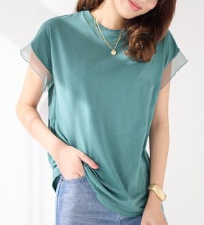 alotta（アロッタ）の「１枚でこなれ感！袖チュールデザイン綿混Ｔシャツ（Tシャツ）」｜詳細画像