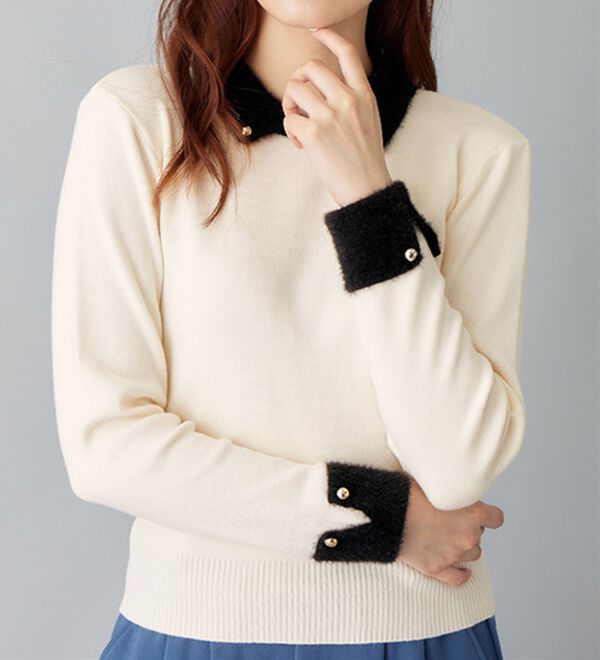 alotta（アロッタ）の「洗える！もっちりタッチ衿付フェザー切替配色ニット（ニット・セーター）」｜詳細画像