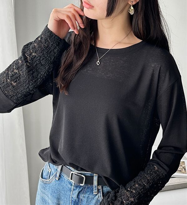 GeeRA（ジーラ）の「袖レーススラブシアーカットソー（カットソー）」｜詳細画像