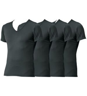 「【４枚組】抗菌防臭・マイクロファイバー裏起毛あったかインナー４枚組（シャツ）　半袖Ｖ首（メンズ肌着・インナーウェア）」｜チャコール4枚組