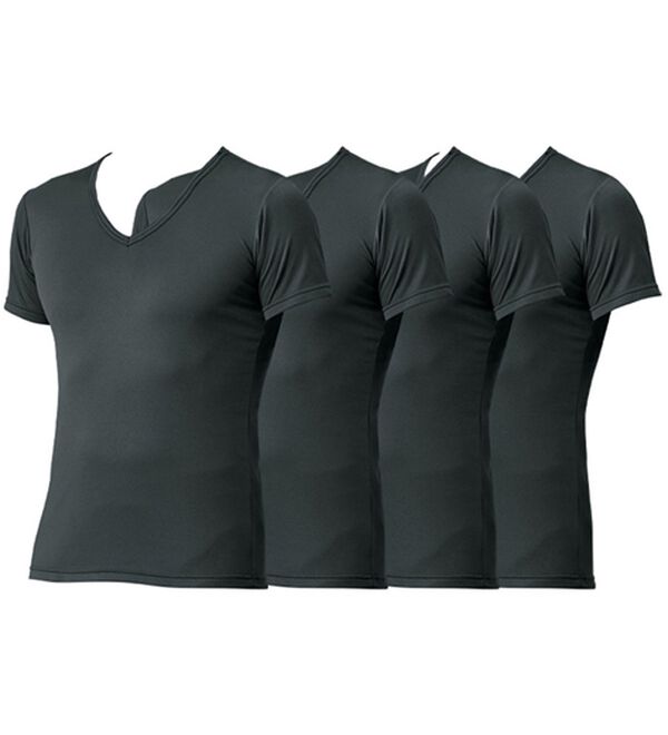 「【４枚組】抗菌防臭・マイクロファイバー裏起毛あったかインナー４枚組（シャツ）　半袖Ｖ首（メンズ肌着・インナーウェア）」｜チャコール4枚組