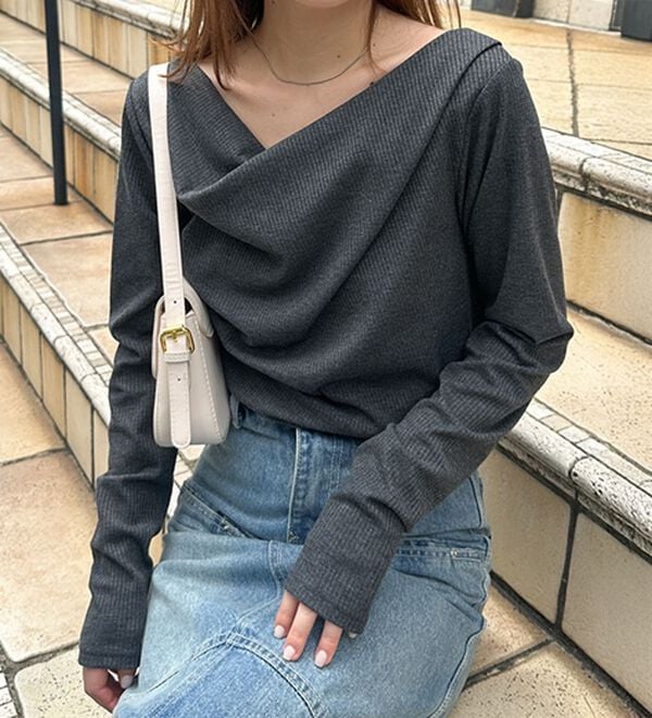 RANAN（ラナン）の「【春色追加】上品ドレープリブロングＴシャツ（カットソー）」｜詳細画像