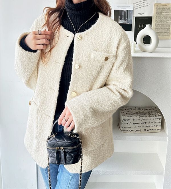 美品 イヴサンローラン ノーカラージャケット 金ボタン ウール アイボリーS リングウールライク金ボタンジャケットコート - ベルーナ【公式】