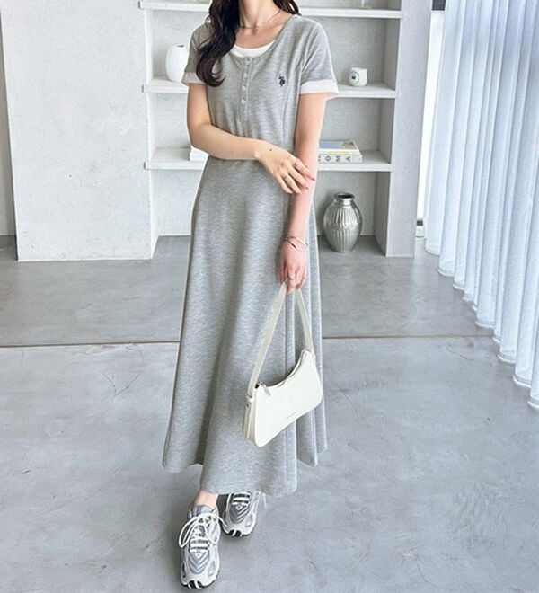 GeeRA（ジーラ）の「【ＵＳ．ＰＯＬＯ．ＡＳＳＮ】レイヤード風ヘンリーネック半袖ワンピース（カットソーワンピース）」｜詳細画像