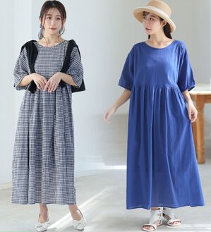 A HAPPY MARILYN（アハッピーマリリン）の「【Ｌ～６Ｌ】【風通るプレミアム】綿　楊柳　五分袖　ウエスト切替ワンピース（カットソーワンピース）」｜詳細画像