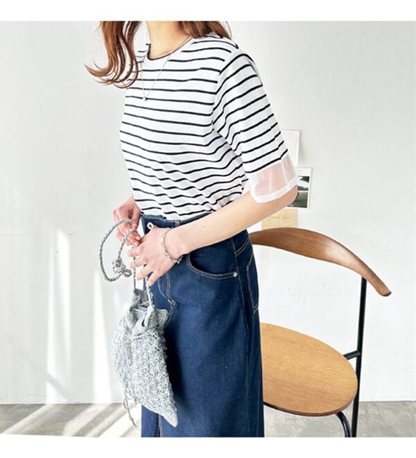 GeeRA（ジーラ）の「綿１００％袖シアー切替シルケットＴシャツ（Tシャツ）」｜詳細画像