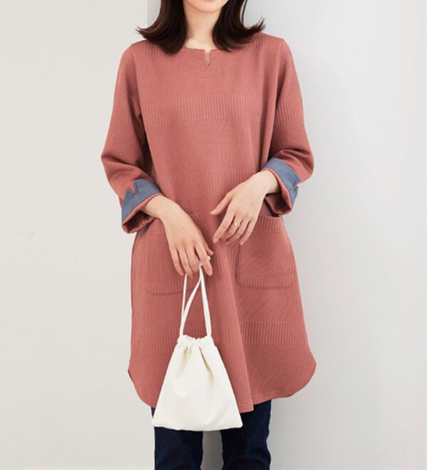 BELLUNA（ベルーナ）の「ポケット付ボーダージャカードワンピース（その他ワンピース）」｜コーラル