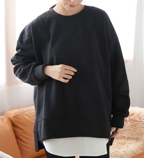 A HAPPY MARILYN（アハッピーマリリン）の「【Ｌ～６Ｌ】【ハピぽか裏起毛】サイド深スリットトレーナー 毛玉になりにくい（トレーナー・スウェット）」｜ブラック