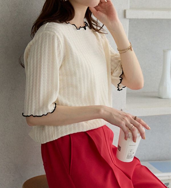 GeeRA（ジーラ）の「配色メロー５分袖表面感カットソー（カットソー）」｜詳細画像