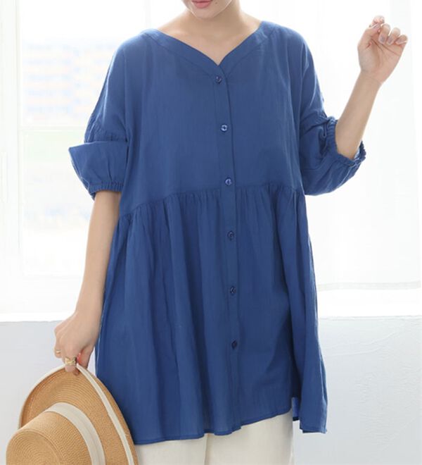 A HAPPY MARILYN（アハッピーマリリン）の「【Ｌ～６Ｌ】【風通るプレミアム】綿・楊柳、七分袖ウエストギャザーブラウス。（ブラウス）」｜ロイヤルブルー