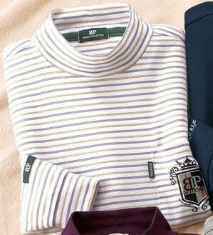 「柔らか素材のブランドハイネックシャツ（メンズカットソー）」｜ホワイトボーダー