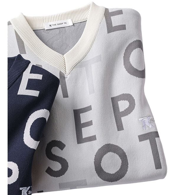 「＜ザ　ショップ　ティーケー＞軽量ストレッチＶネックロゴセーター（メンズシャツ）」｜ホワイト