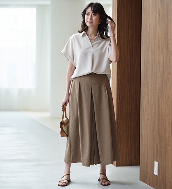 BELLUNA（ベルーナ）の「ひんやりスラブ調素材ガウチョパンツ（フルレングスパンツ）」｜詳細画像