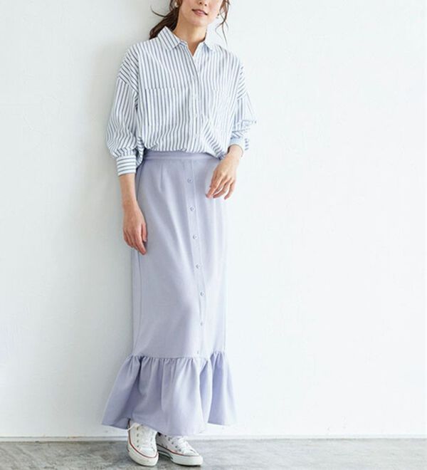 Pierrot（ピエロ）の「【選べる丈】フロントボタンヘムギャザースカート（ロングスカート）」｜詳細画像