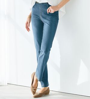 BELLUNA（ベルーナ）の「新感覚！かのこ素材ニットデニムパンツ（フルレングスパンツ）」｜サックス