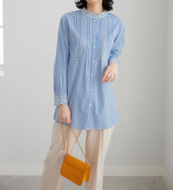 BELLUNA（ベルーナ）の「上品に着映える！衿＆袖レース切替シャツチュニック（チュニック）」｜詳細画像