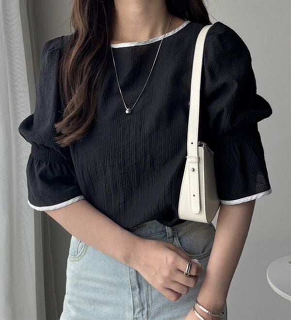 GeeRA（ジーラ）の「前後２ＷＡＹ配色パイピング５分袖ブラウス（ブラウス）」｜詳細画像