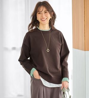 BELLUNA（ベルーナ）の「重ね着風配色スポンディッシュニット（ニット・セーター）」｜ブラウン&times;ミント