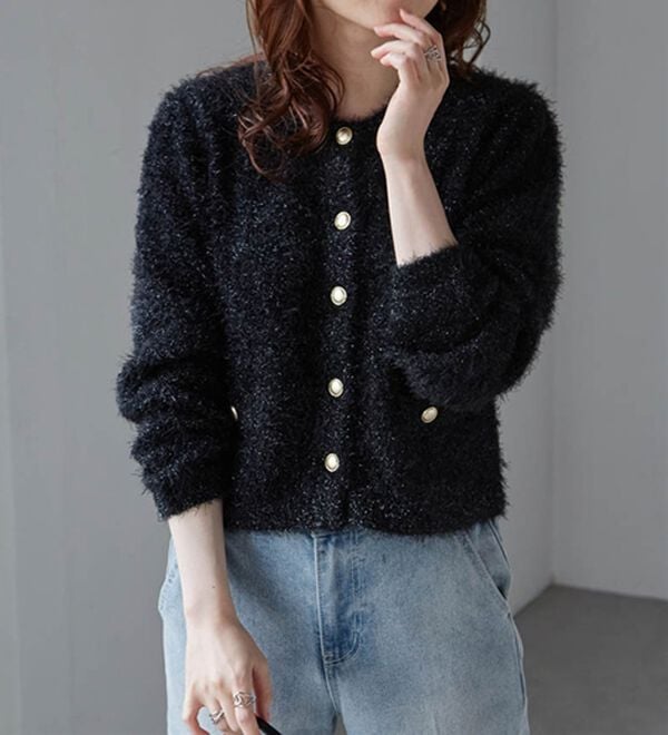 RANAN（ラナン）の「ゴールド調ボタンラメシャギーカーディガン（ニットカーディガン）」｜詳細画像