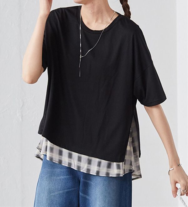 RANAN（ラナン）の「チェック柄異素材使いTシャツ（カットソー）」｜詳細画像