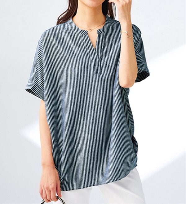 BELLUNA（ベルーナ）の「機能付リネン混スキッパーデザインシャツ（シャツ）」｜ネイビーストライプ