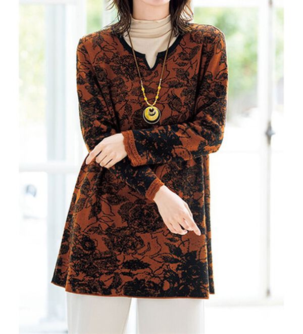 ルフラン（ルフラン）の「日本製　キーネックジャカードニットチュニック（チュニック）」｜詳細画像