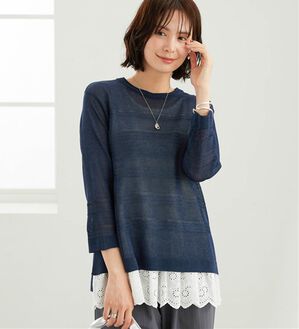 BELLUNA（ベルーナ）の「シャリ感！ボーダー編地ニットプルオーバー（ニット・セーター）」｜ネイビー