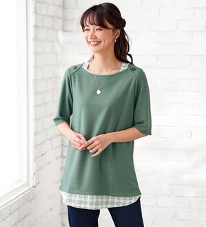 BELLUNA（ベルーナ）の「ひんやり冷感！タックジャカード素材重ね着風プルオーバー（カットソー）」｜グリーン