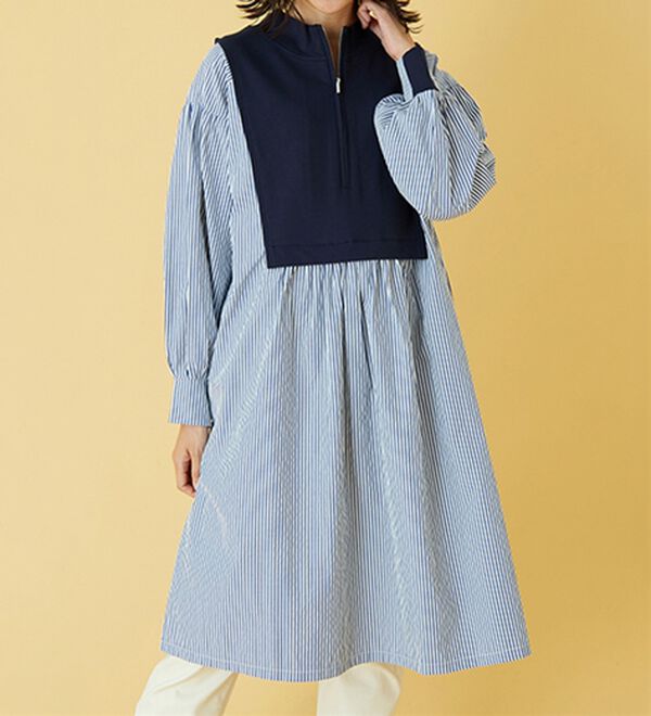 BELLUNA（ベルーナ）の「ハーフジップ使いストライプ切替ワンピース（チュニック）」｜詳細画像