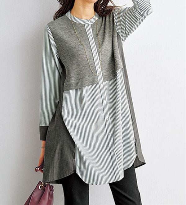 BELLUNA（ベルーナ）の「ストライプ&times;異素材切替シャツチュニック（チュニック）」｜詳細画像