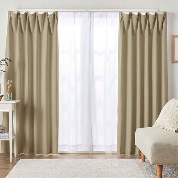 iellio（イエリオ）の「１・２級遮光＆断熱保温＆ＵＶ見えにくいレース付カーテンセット＜４枚組・遮光１級・洗える・無地＞（ドレープカーテン）」｜サンドベージュ（Ｌｕｎｅ）