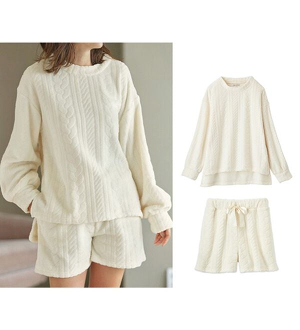 YU'NOW（ユナウ）の「【上下２点セット】ケーブル風フリースルームウェア＆ショートパンツセット（パジャマ・ルームウェア）」｜アイボリー