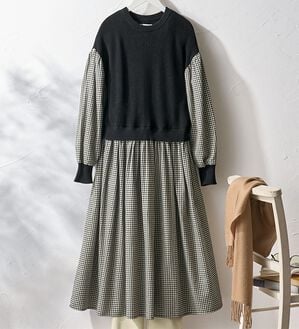 BELLUNA（ベルーナ）の「＜＆ｃｏｃｏｃｈｉ＞ニット切替チェック柄ワンピース（ドッキングワンピース）」｜詳細画像