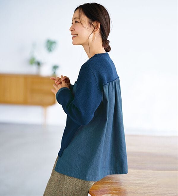 BELLUNA（ベルーナ）の「＜＆ｃｏｃｏｃｈｉ＞ふんわりニットのデニム切替プルオーバー（ニット・セーター）」｜ネイビー&times;ブルー