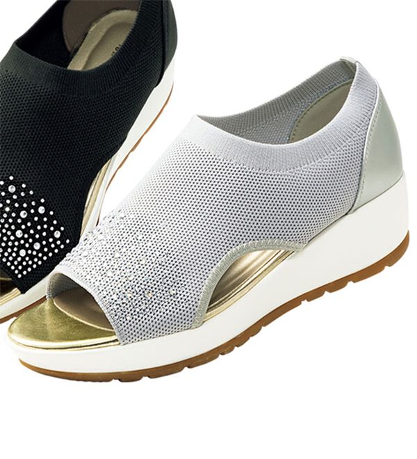 BELLUNA（ベルーナ）の「きらめきビジューのニットウェッジサンダル（サンダル・ミュール）」｜ライトグレー