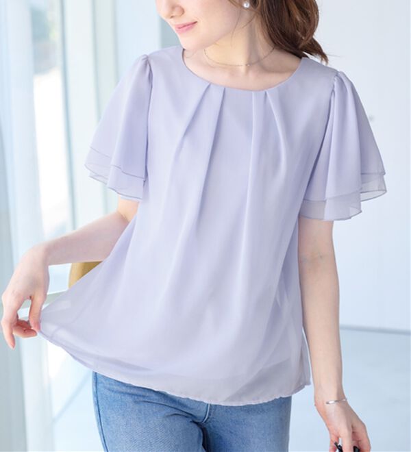 alotta（アロッタ）の「【５つの機能付】ひんやり！インナー付きフリル袖シフォンタックブラウス（ブラウス）」｜詳細画像