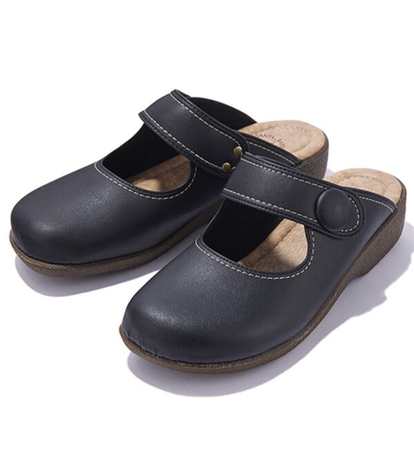 「日本製　サイドボタンサンダル（サンダル・ミュール）」｜ブラック