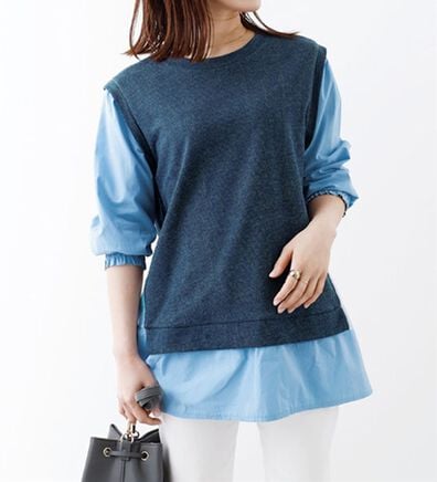 BELLUNA（ベルーナ）の「デニム調シャツフェイクプルオーバー（カットソー）」