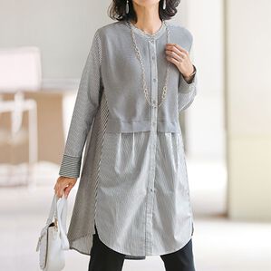 BELLUNA（ベルーナ）の「ニット使いストライプ切替重ね着風シャツ（チュニック）」｜グレー系