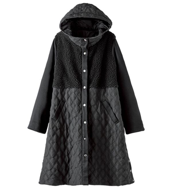 BELLUNA（ベルーナ）の「おしゃれの主役ボア中わた切替ロングコート（ロングコート）」｜黒
