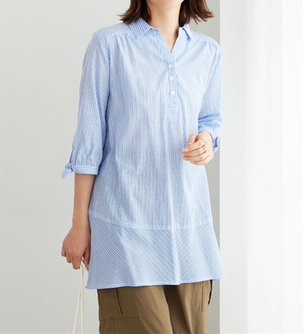 BELLUNA（ベルーナ）の「綿１００％ストライプ袖リボンチュニック（チュニック）」｜詳細画像