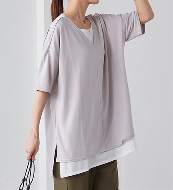 RANAN（ラナン）の「レイヤード風ニットソー半袖チュニック（チュニック）」｜詳細画像