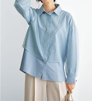 BELLUNA（ベルーナ）の「華やぎチュール重ねシャツブラウス（ブラウス）」｜ブルーストライプ