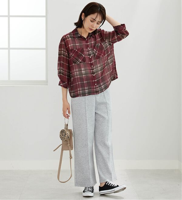 BELLUNA（ベルーナ）の「シフォン楊柳チェック柄プリントシャツ（シャツ）」｜詳細画像