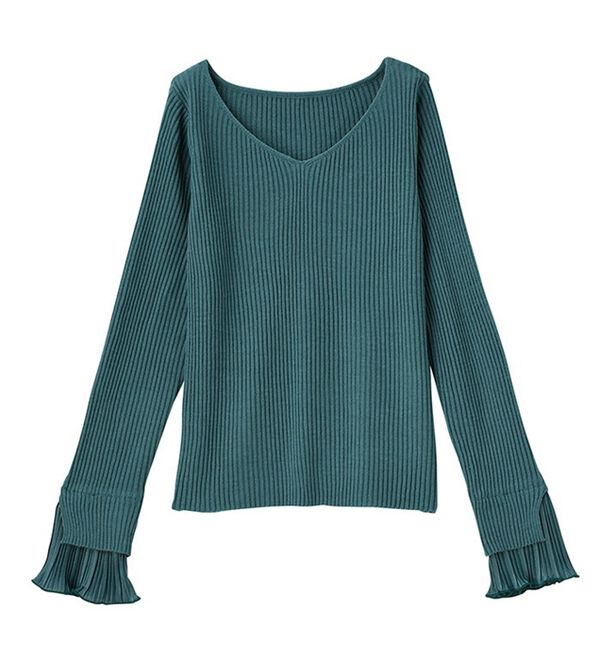 GeeRA（ジーラ）の「プリーツ付Ｖネックリブニットトップス（ニット・セーター）」｜詳細画像