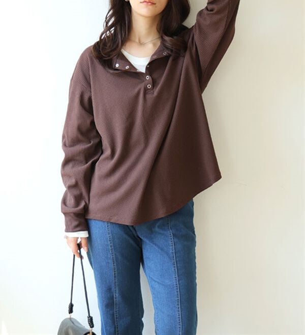 A HAPPY MARILYN（アハッピーマリリン）の「【大きいサイズ】【Ｌ～８Ｌ】着心地さらり　エアドライワッフルヘンリーネックロンＴ（Tシャツ）」｜詳細画像