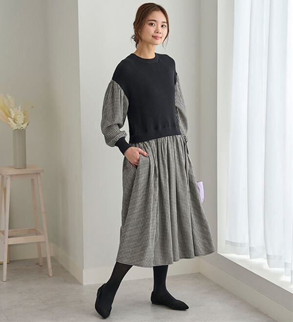 BELLUNA（ベルーナ）の「＜＆ｃｏｃｏｃｈｉ＞ニット切替チェック柄ワンピース（ドッキングワンピース）」｜詳細画像